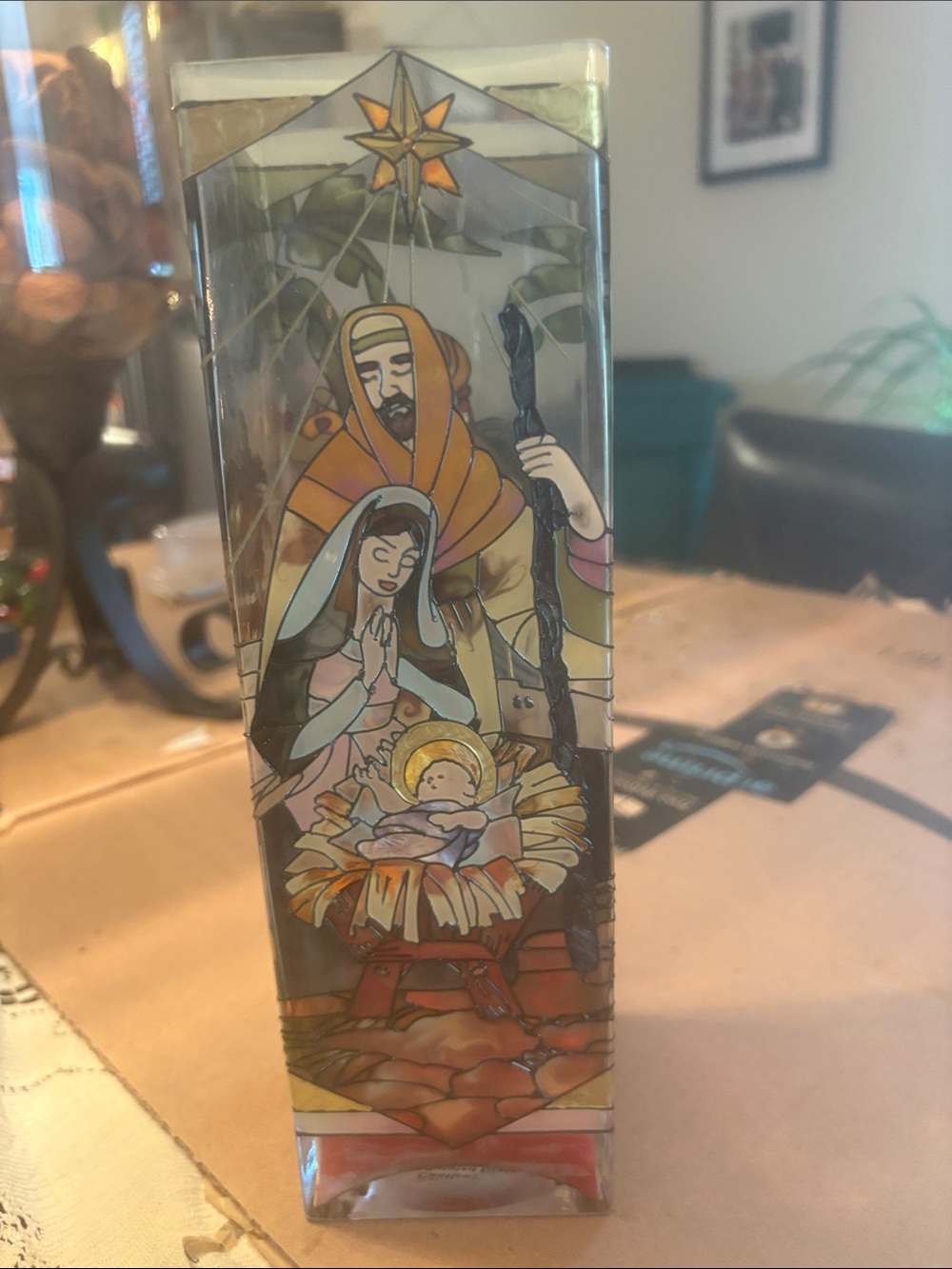 Hand painted Stained Glass appearing Nativity Scene Panel candle or vase